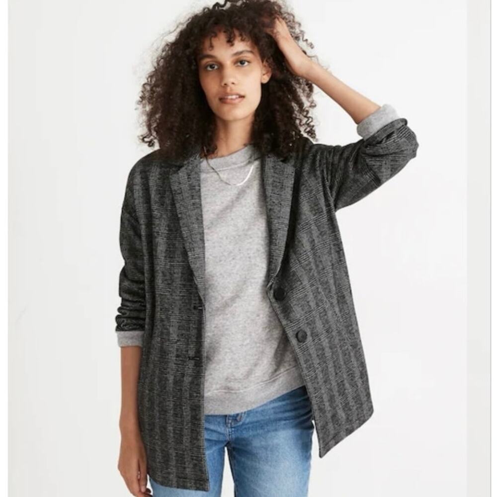 Madewell Size M Glen Plaid Oversized Relaxed Fit Knit Blazer Black MB120